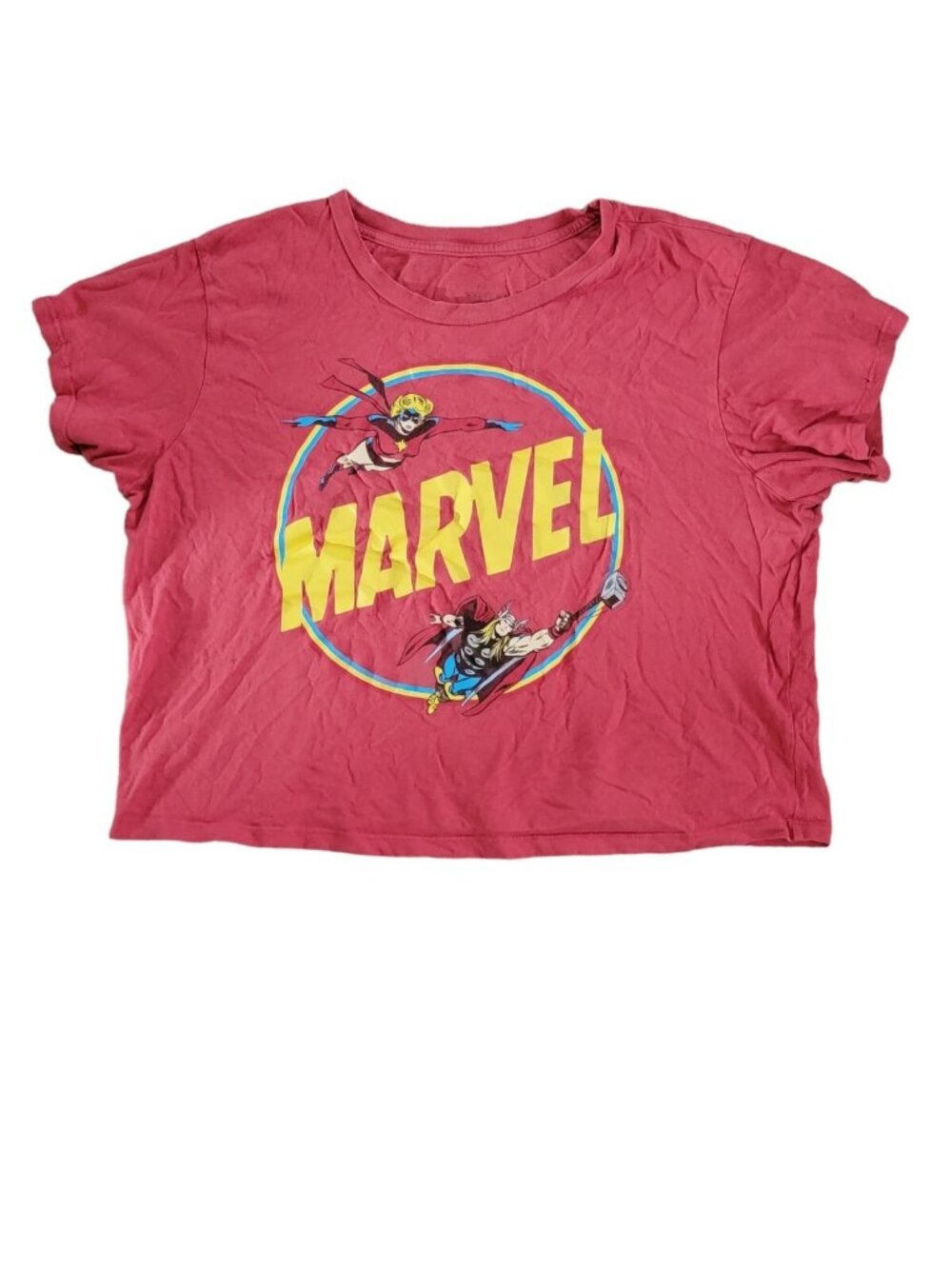 Marvel T Shirt Womens XL Red Crop Midriff Vintage Ms Marvel Thor Graphic Cotton